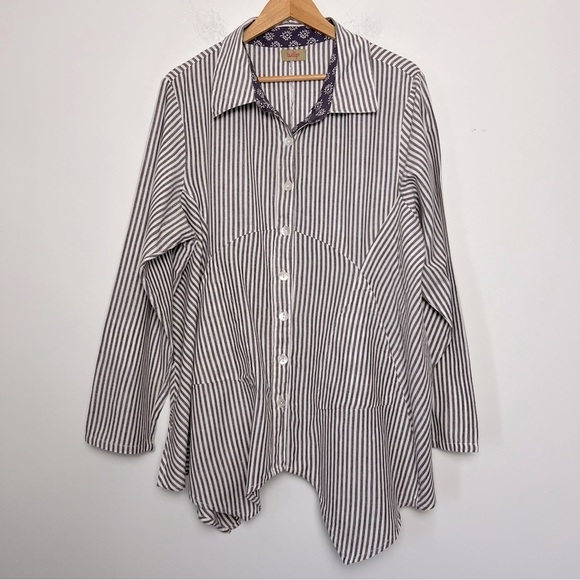 Tulip Lagenlook Shirt Brownish Gray Stripe Loose Asymmetrical Hem Button Down - Picture 1 of 14